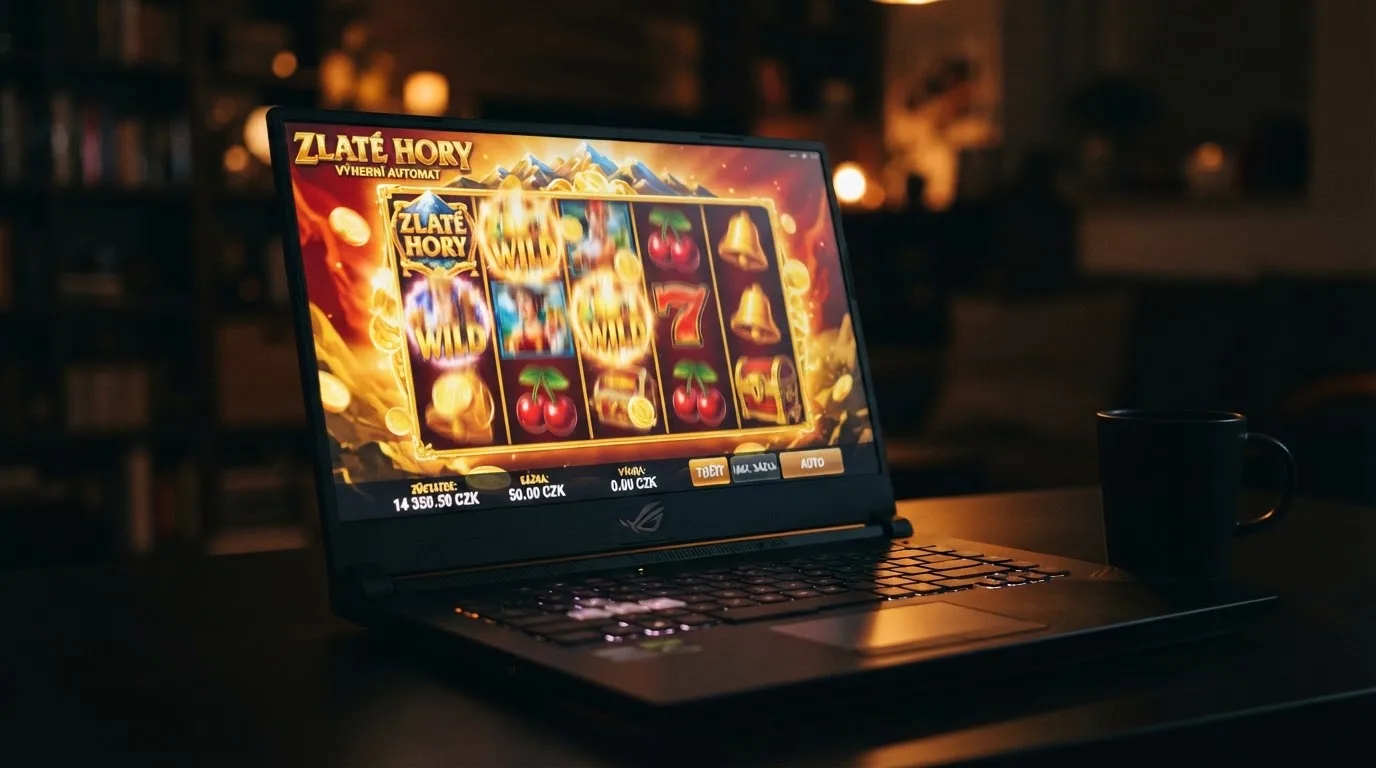 Roztočený online automat s minimální sázkou 0,10 Kč na obrazovce notebooku