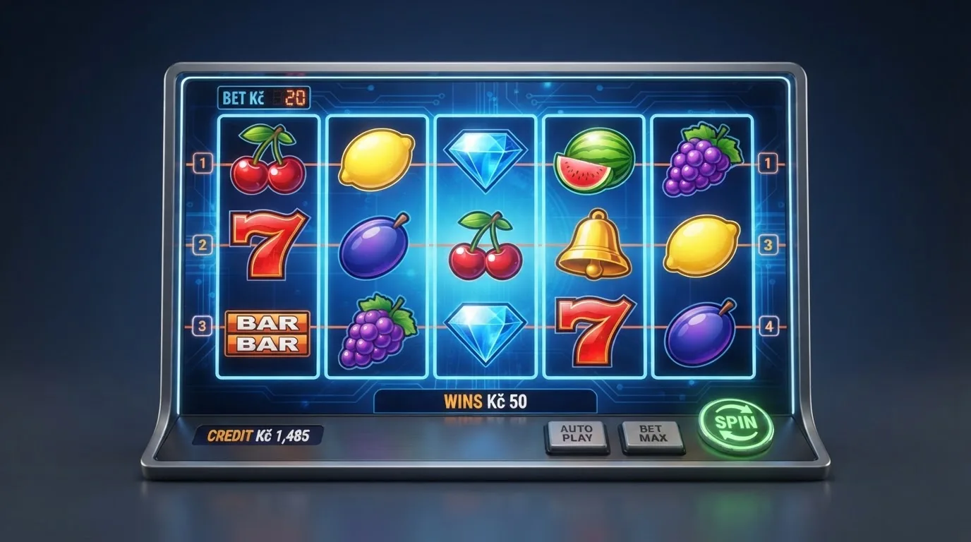 Výherní automat online s viditelnou RTP hodnotou a tlačítkem pro sázku v českých korunách.