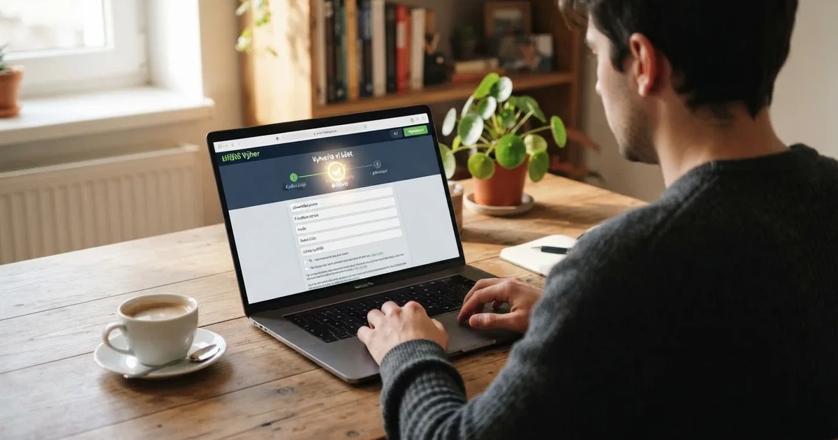 Hráč u notebooku prohlíží registrační formulář online casina s ikonou BankID na obrazovce.