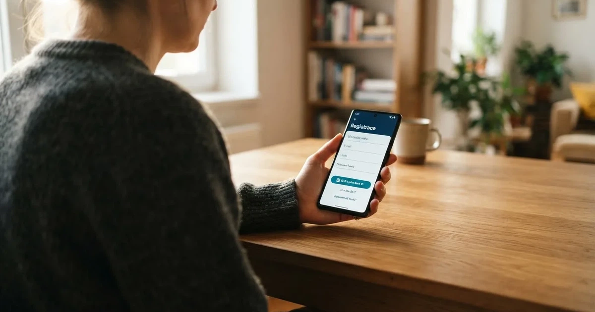 Hráč si na mobilu prohlíží registrační formulář českého online casina s viditelnou možností ověření přes Bank iD