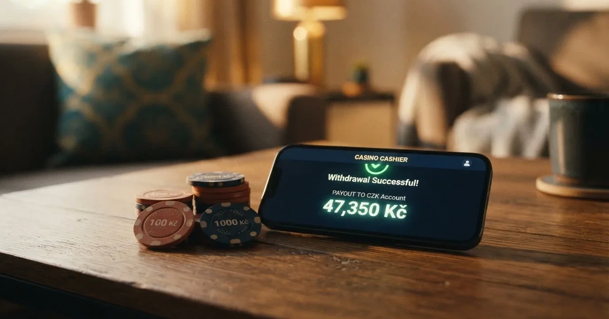 Mobilní telefon s otevřenou platební stránkou online casina a českými bankovkami na stole vedle něj
