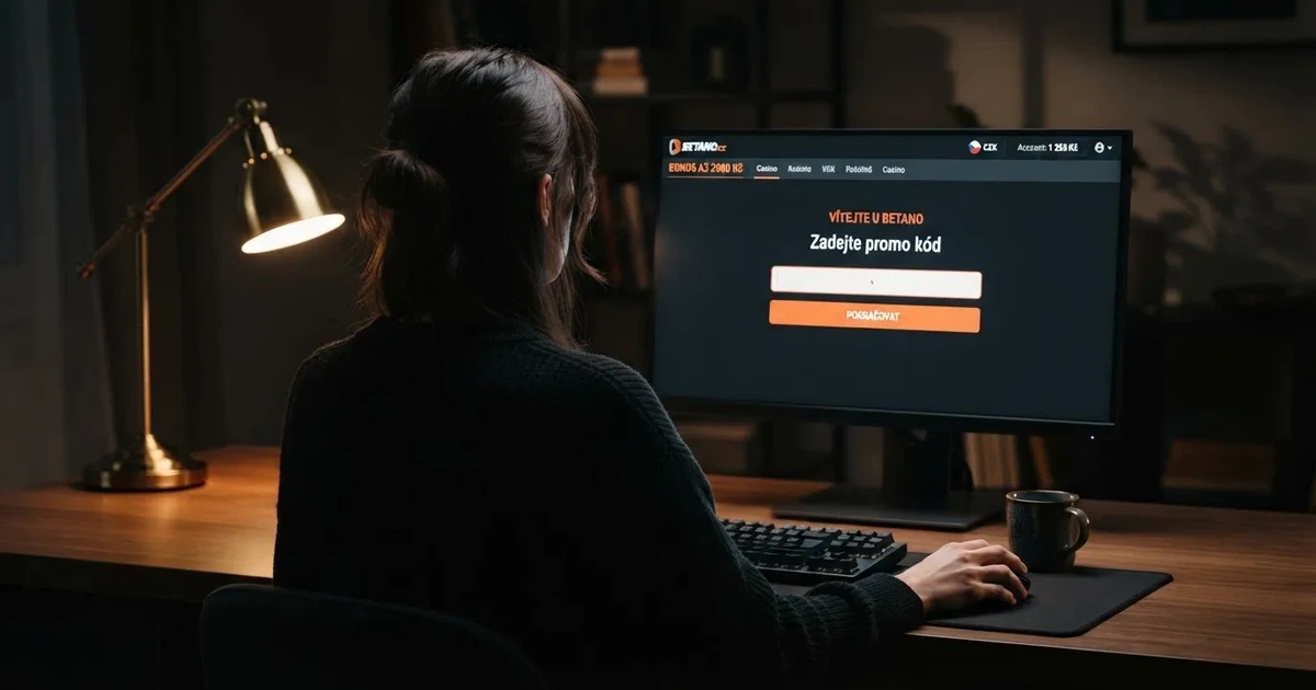 Hráč sedí u počítače a na obrazovce vidí pole pro zadání promo kódu v českém online casinu s nápisem „Zadejte promo kód“