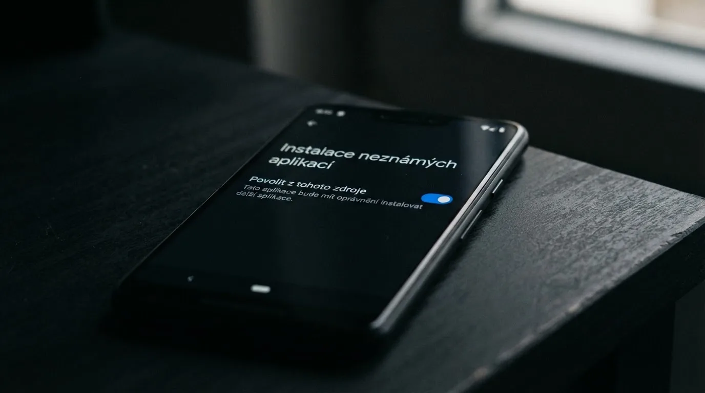 Obrazovka telefonu Android s otevřeným nastavením a zvýrazněnou volbou „Instalovat z neznámého zdroje“