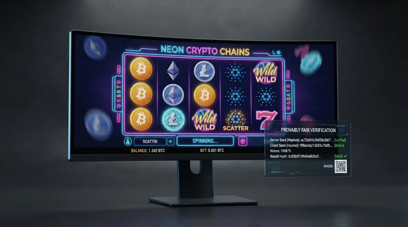 Rozhraní krypto kasina s otevřeným slotem a panelem provably fair ověření