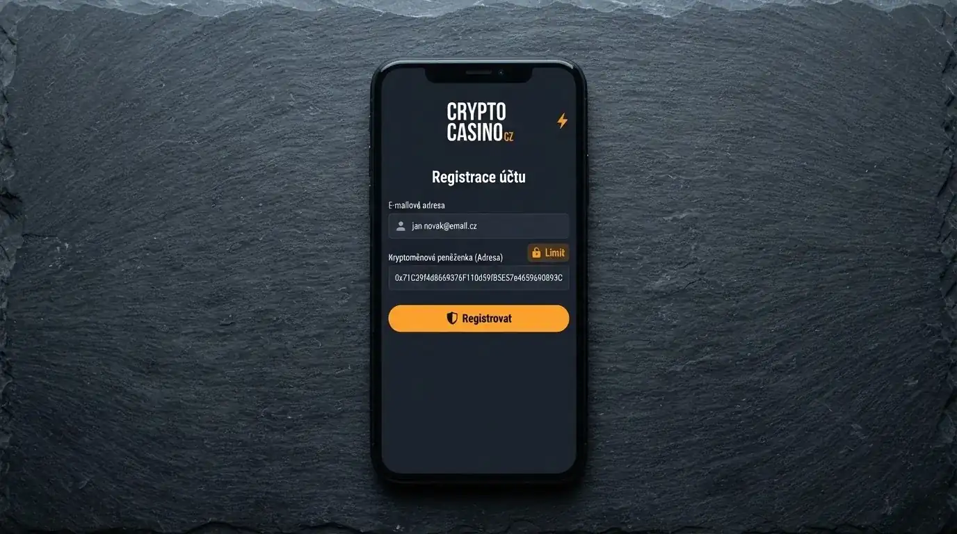 Bitcoin adresa a e-mailové registrační rozhraní krypto casina — vedle sebe symbol ověření s nápisem „limit“