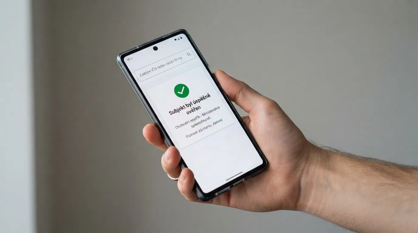 Logo Ministerstva financí ČR a ukázka ověření licence v registru na displeji telefonu