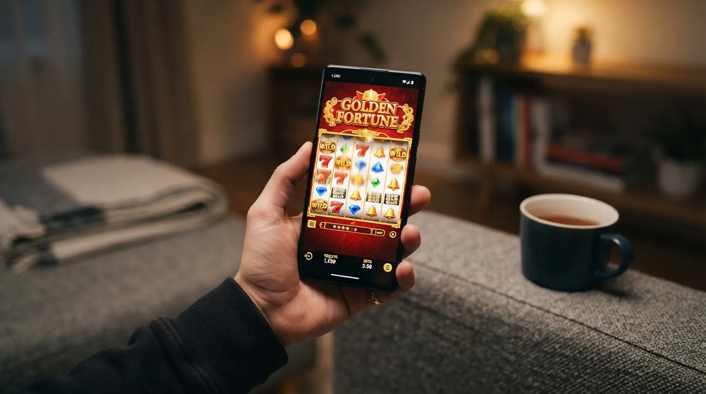 Mobilní telefon s roztočeným výherním automatem v online casinu