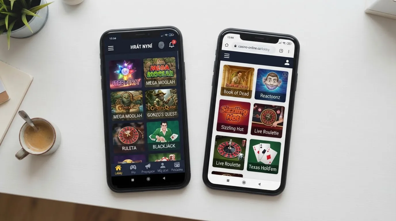 Rozhraní nativní casino aplikace a responzivního mobilního webu vedle sebe na telefonu
