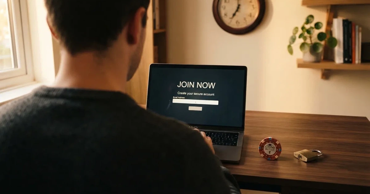 Hráč u počítače si prohlíží registrační formulář online casina, vedle jsou symboly bonusů, zámku a hodin