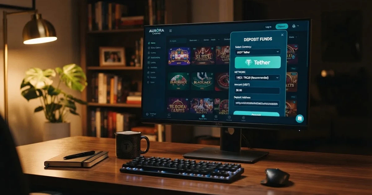 Rozhraní online kasina s nabídkou vkladu přes Tether USDT zobrazené na monitoru počítače