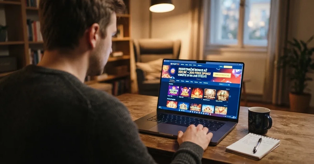 Český hráč u notebooku si prohlíží nabídku zahraničního online casina s bonusem za registraci