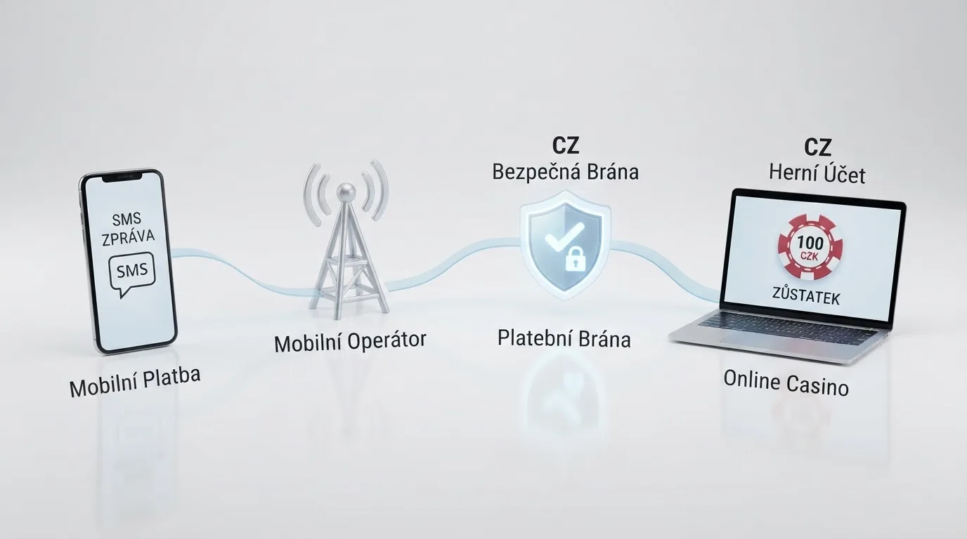 Schéma průběhu SMS platby přes NeteraPay — od mobilu přes operátora k bráně a na herní účet