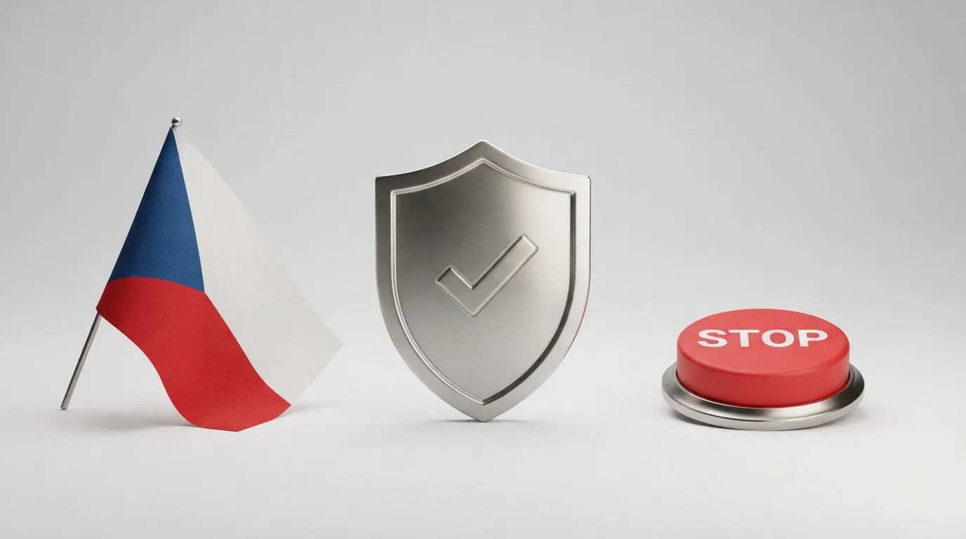 Česká vlajka a úřední razítko Ministerstva financí ČR vedle symbolů ochrany — štít, panic button a Rejstřík vyloučených osob