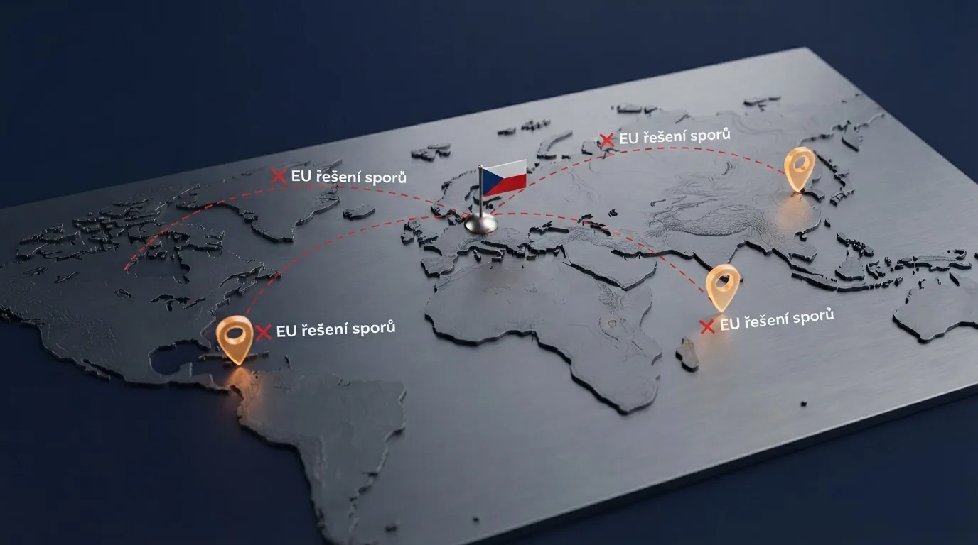 Mapa tří offshore jurisdikcí — Curaçao, Anjouan, Tobique — s českou vlajkou uprostřed a červeným křížkem u nápisu EU řešení sporů