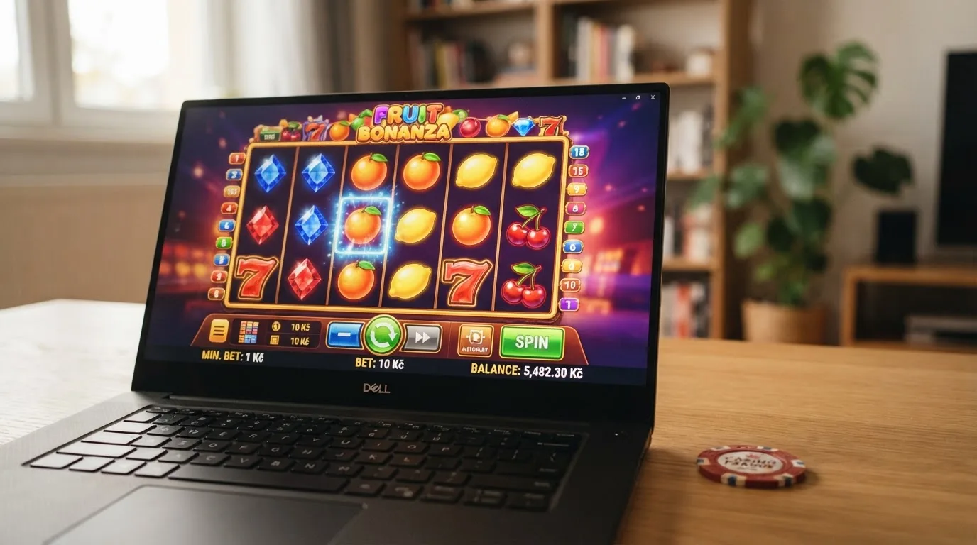 Rozhraní výherního automatu v českém online casinu s panelem sázky a zůstatkem herního účtu