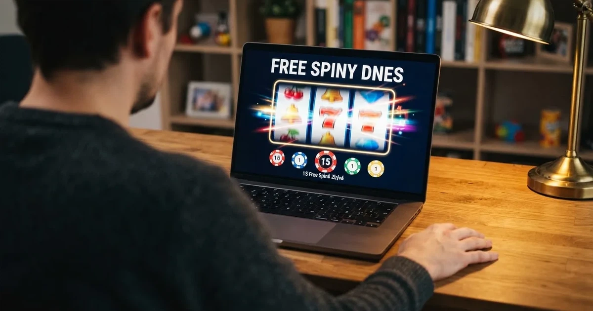 Online casino s přehledem denních free spinů na obrazovce notebooku a vedle něj mobilní telefon