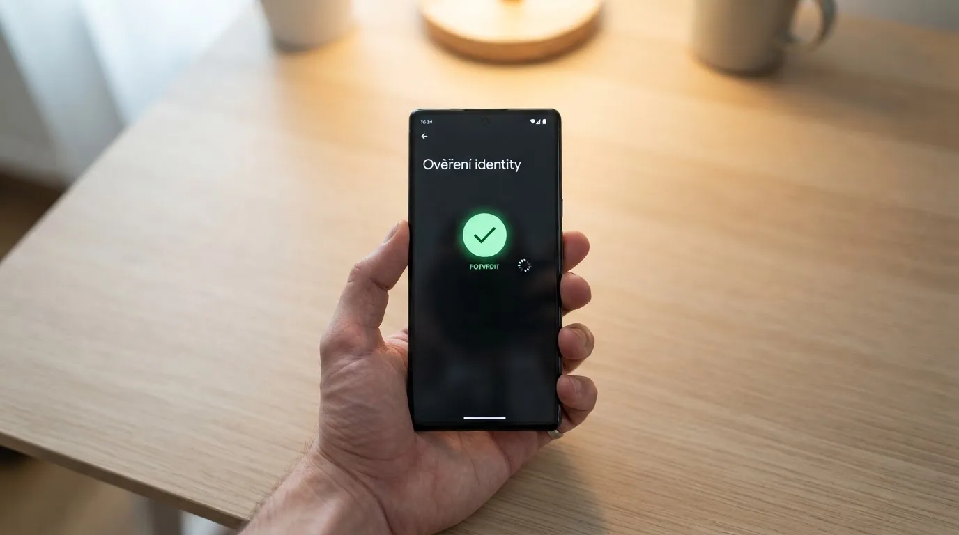 Obrazovka mobilního telefonu s rozhraním BankID — uživatel potvrzuje svou totožnost.