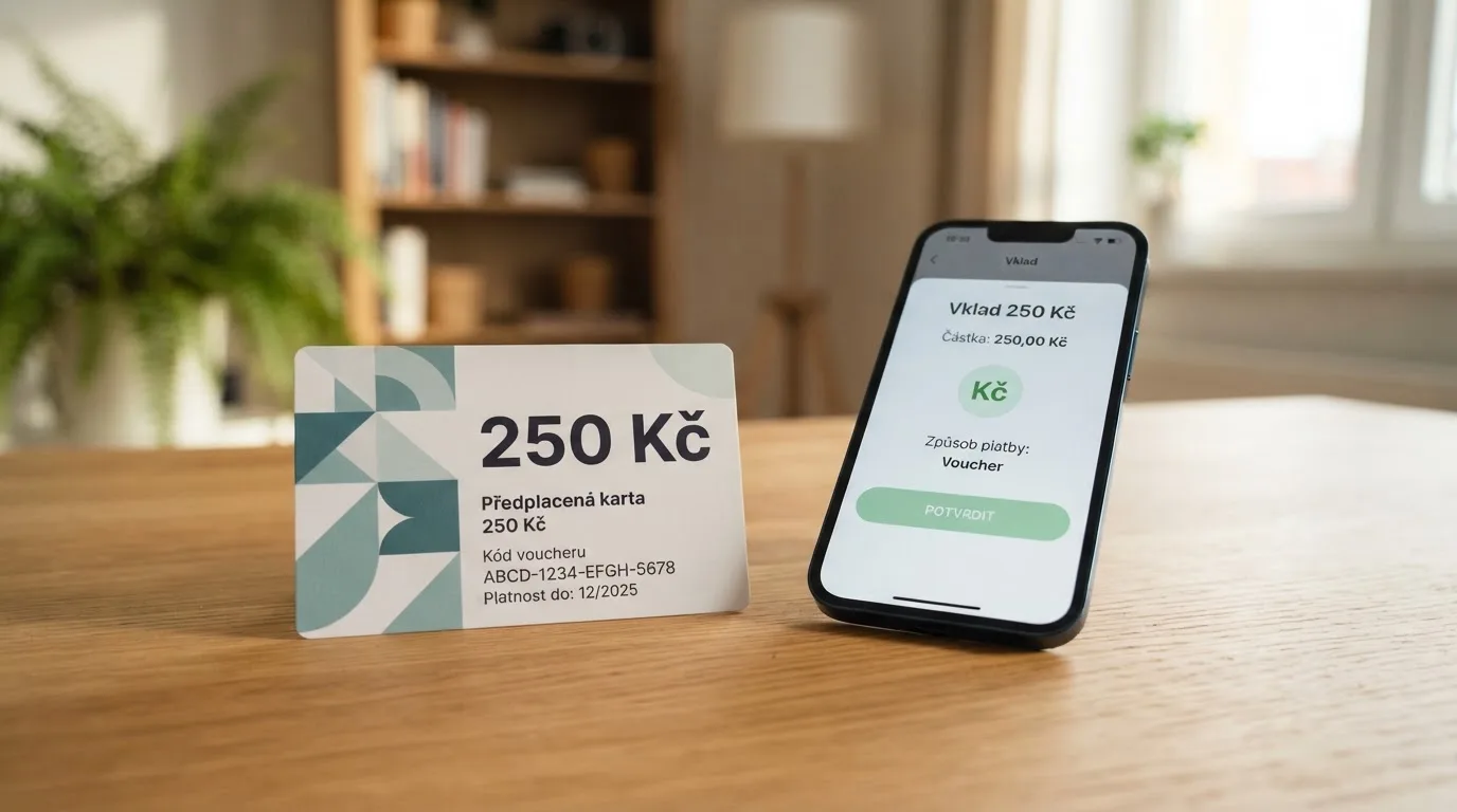 Paysafecard voucher v hodnotě 250 Kč položený vedle mobilního telefonu s otevřenou stránkou casino vkladu