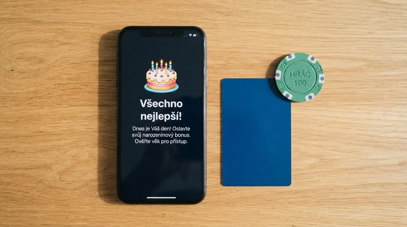 Mobilní telefon s e-mailem obsahujícím nabídku narozeninového bonusu a občanský průkaz vedle jako symbol ověření identity