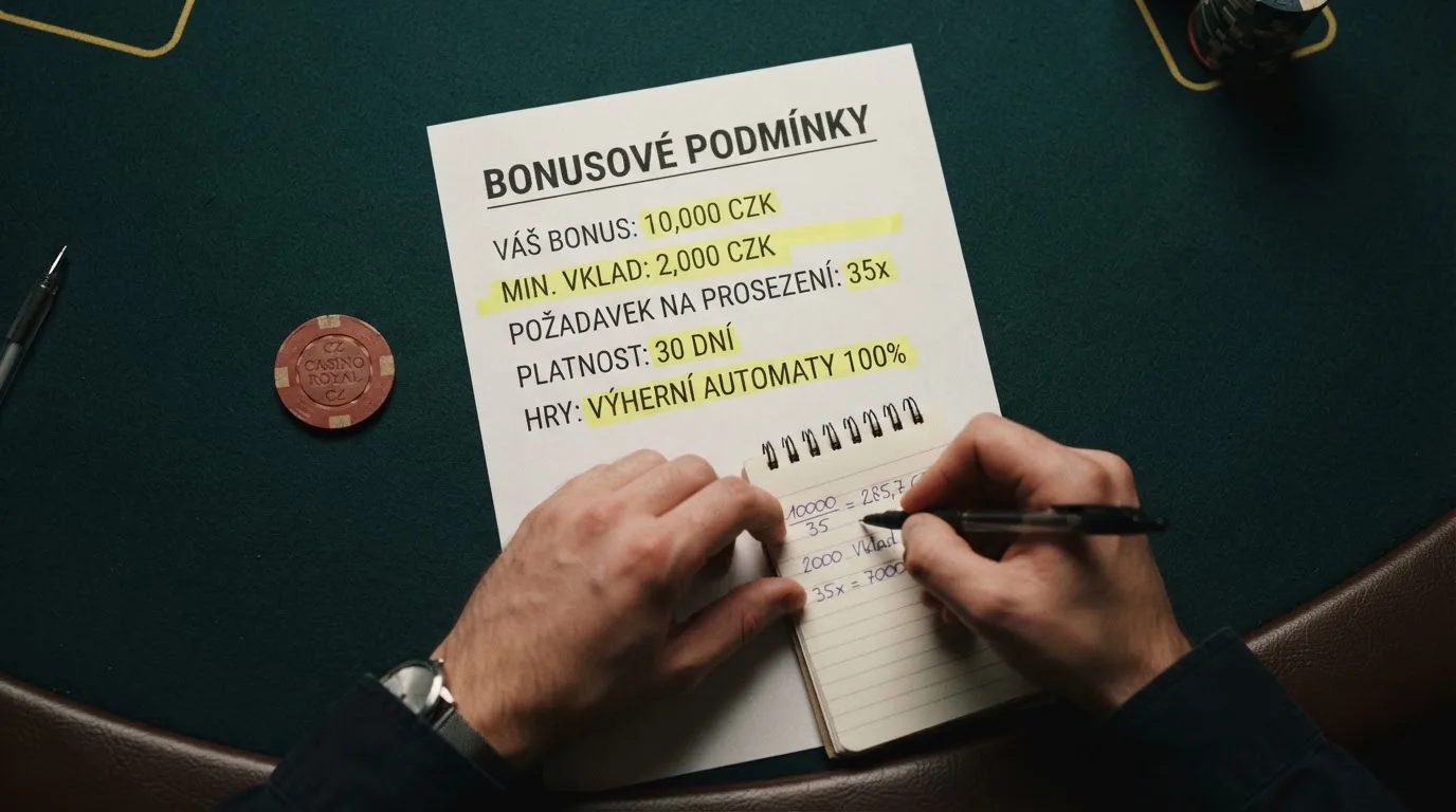 Detail podmínek protočení bonusu s vyznačenými klíčovými čísly — násobek, lhůta, maximální výběr