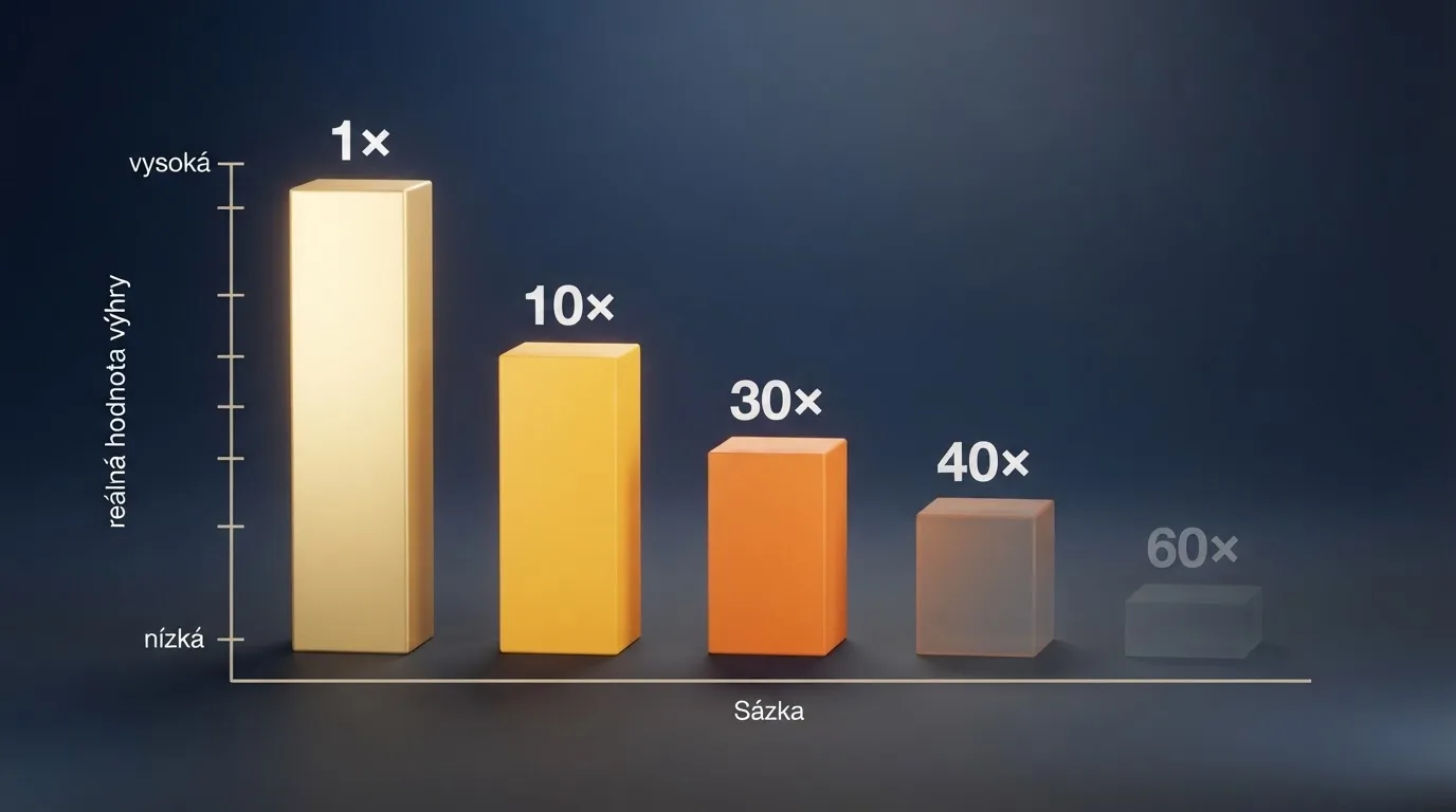 Infografika srovnávající násobky wageringu od 1× do 60× a jejich dopad na reálnou hodnotu výhry