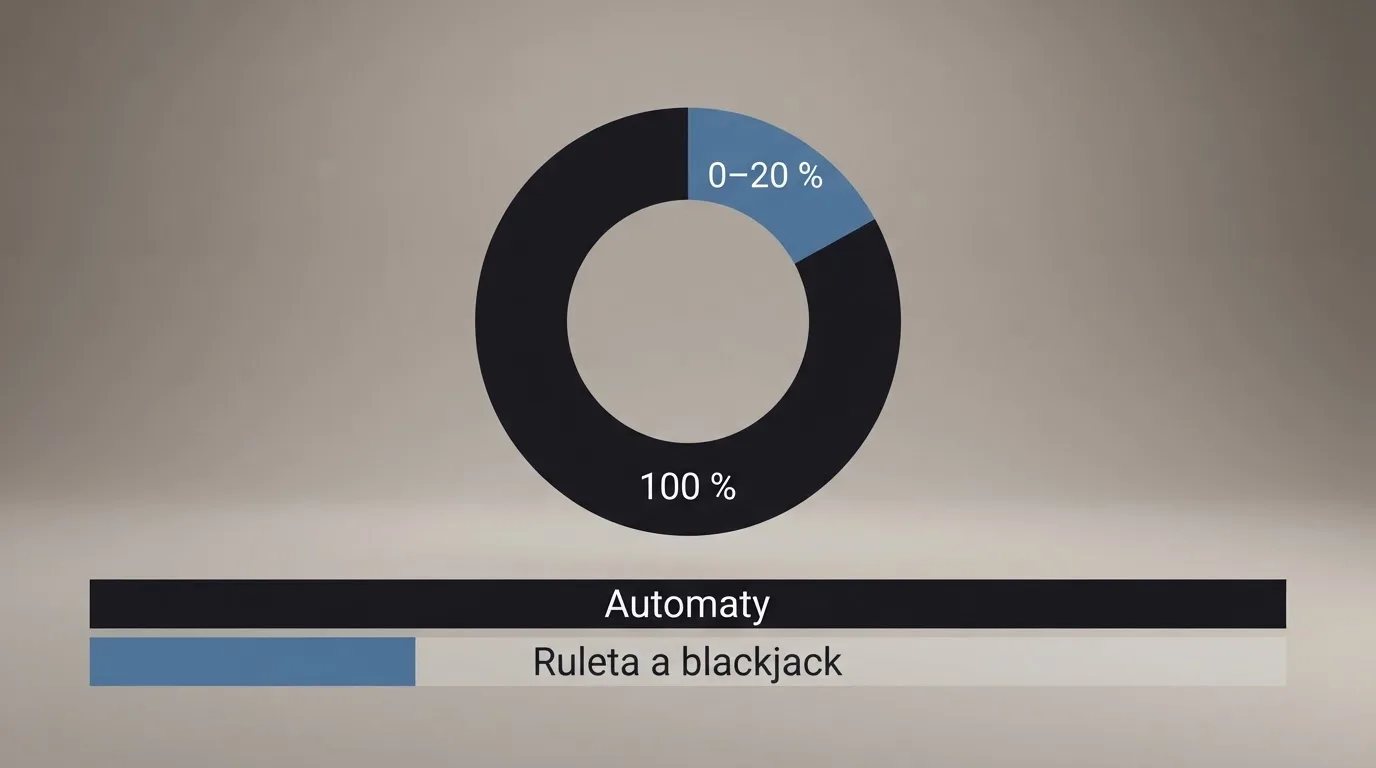 Koláčový graf znázorňující váhy příspěvku her do protočení — automaty 100 %, ruleta a blackjack 0–20 %