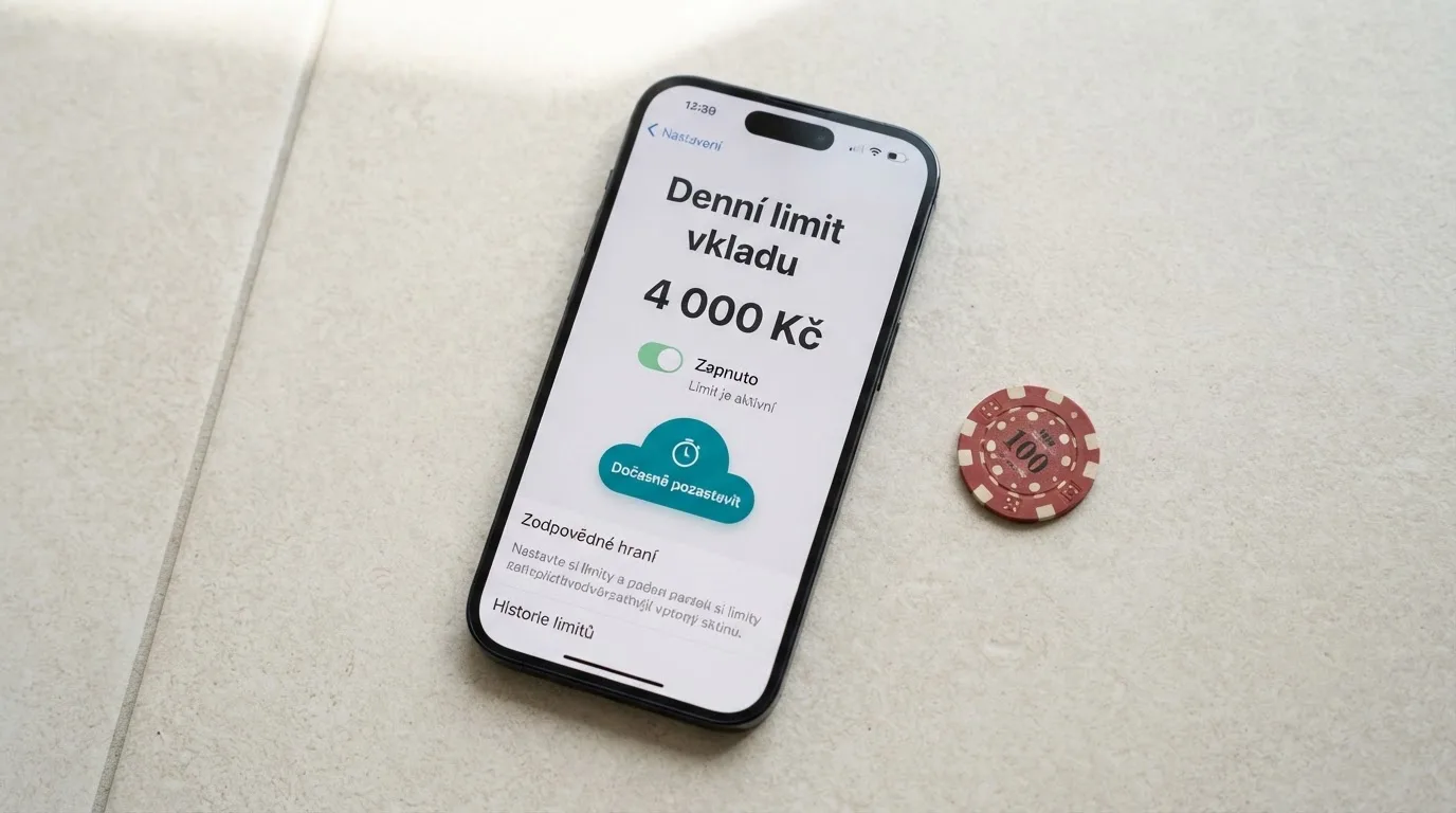 Mobilní telefon s otevřenou stránkou nastavení herních limitů v uživatelském kontu českého casina