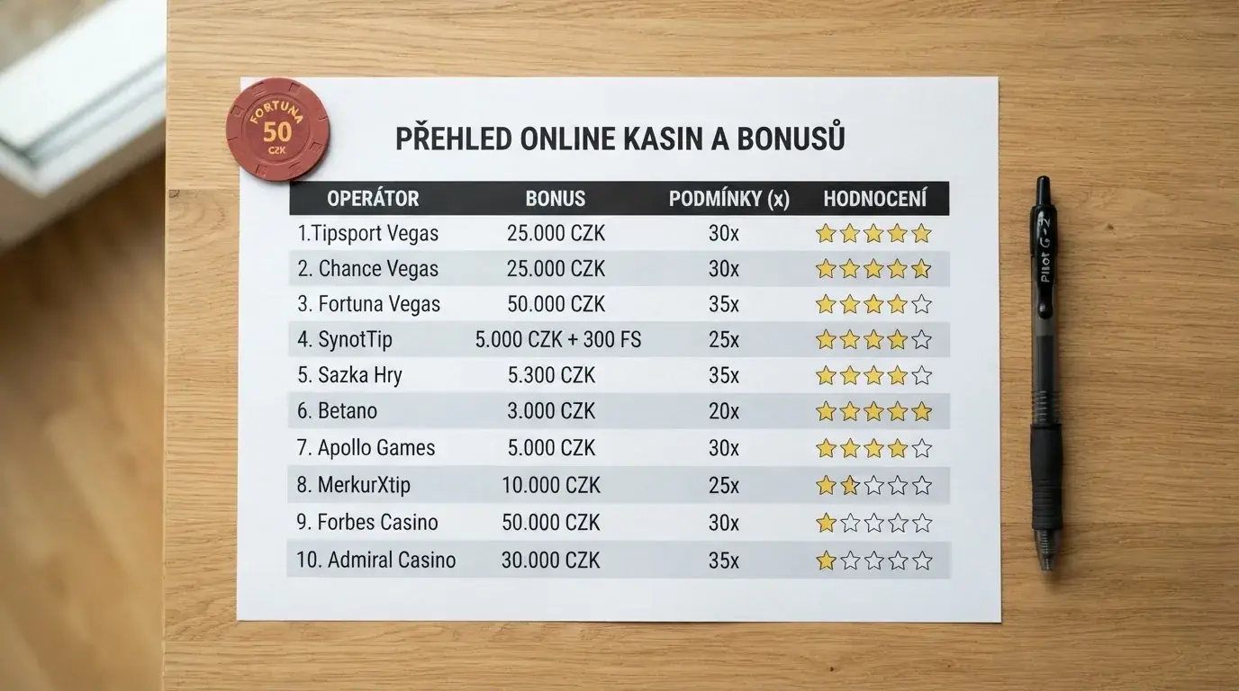 Přehledná tabulka srovnávající bonusy bez vkladu napříč deseti CZ-licencovanými operátory