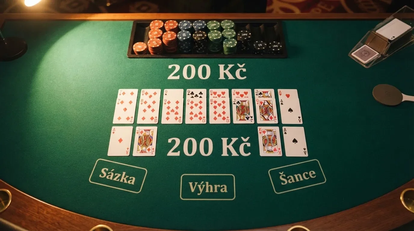 Rozložené hrací karty a žetony na stole s viditelnou částkou 200 Kč, v pozadí loga licencovaných kasin