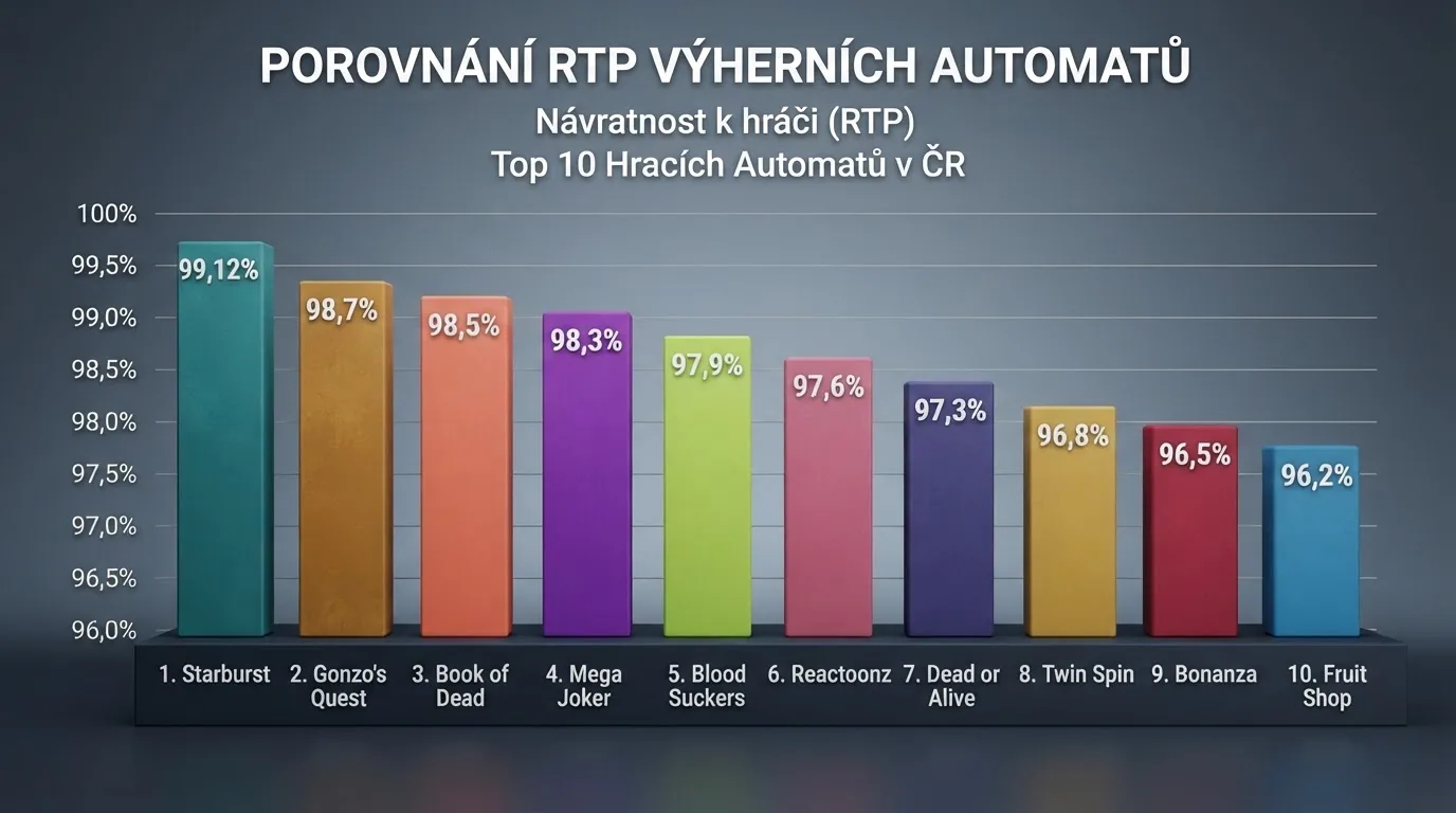 Sloupcový graf srovnávající RTP deseti automatů, každý sloupec označen názvem titulu a procentem