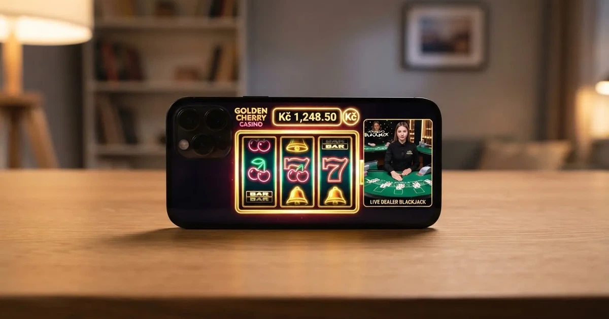 Mobilní telefon zobrazující hlavní nabídku české casino aplikace s ikonami výherních automatů a živého kasina