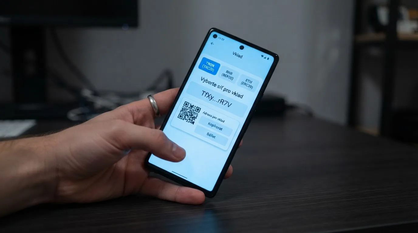 Výběr sítě TRC-20 při zadávání USDT vkladu v kasinu — pole s adresou a výběr ze tří sítí