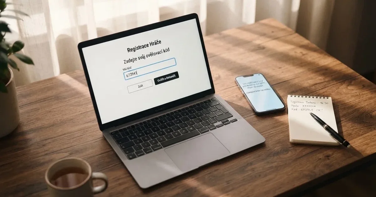 Registrační formulář online casina na monitoru notebooku, vedle něj mobil s potvrzovacím SMS kódem, na stole leží občanský průkaz