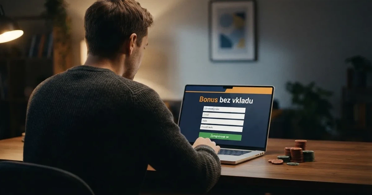 Hráč u počítače prohlíží registrační formulář online casina s nabídkou bonusu bez vkladu